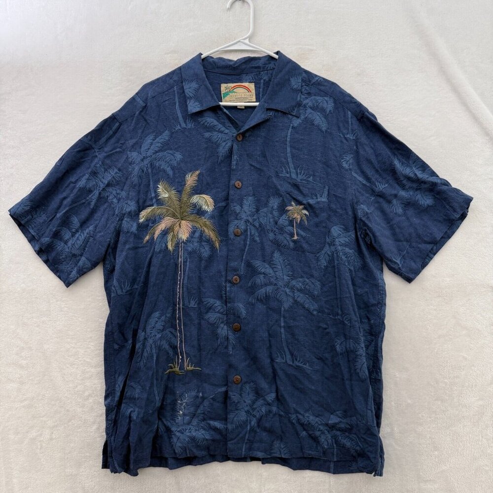 Paradise Found Shirt Men L Blue Hawaiian Palm Trees Embroider Loop Collar Rayon